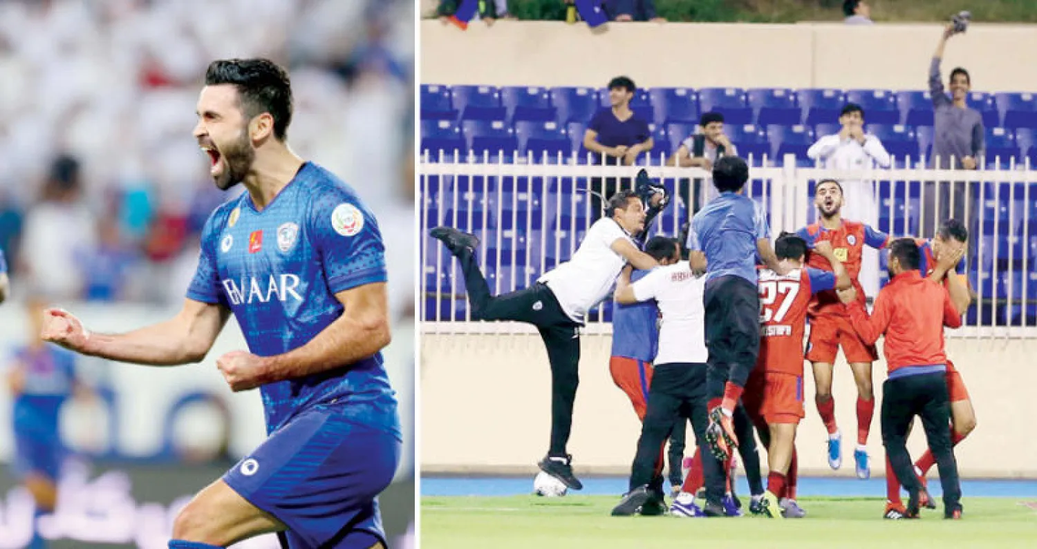 لاعبو أبها يحتفلون بهدف الفوز أمام الاتفاق (تصوير: بشير صالح)  -  خربين يحتفل بهدفه في شباك التعاون (تصوير: علي الظاهري)