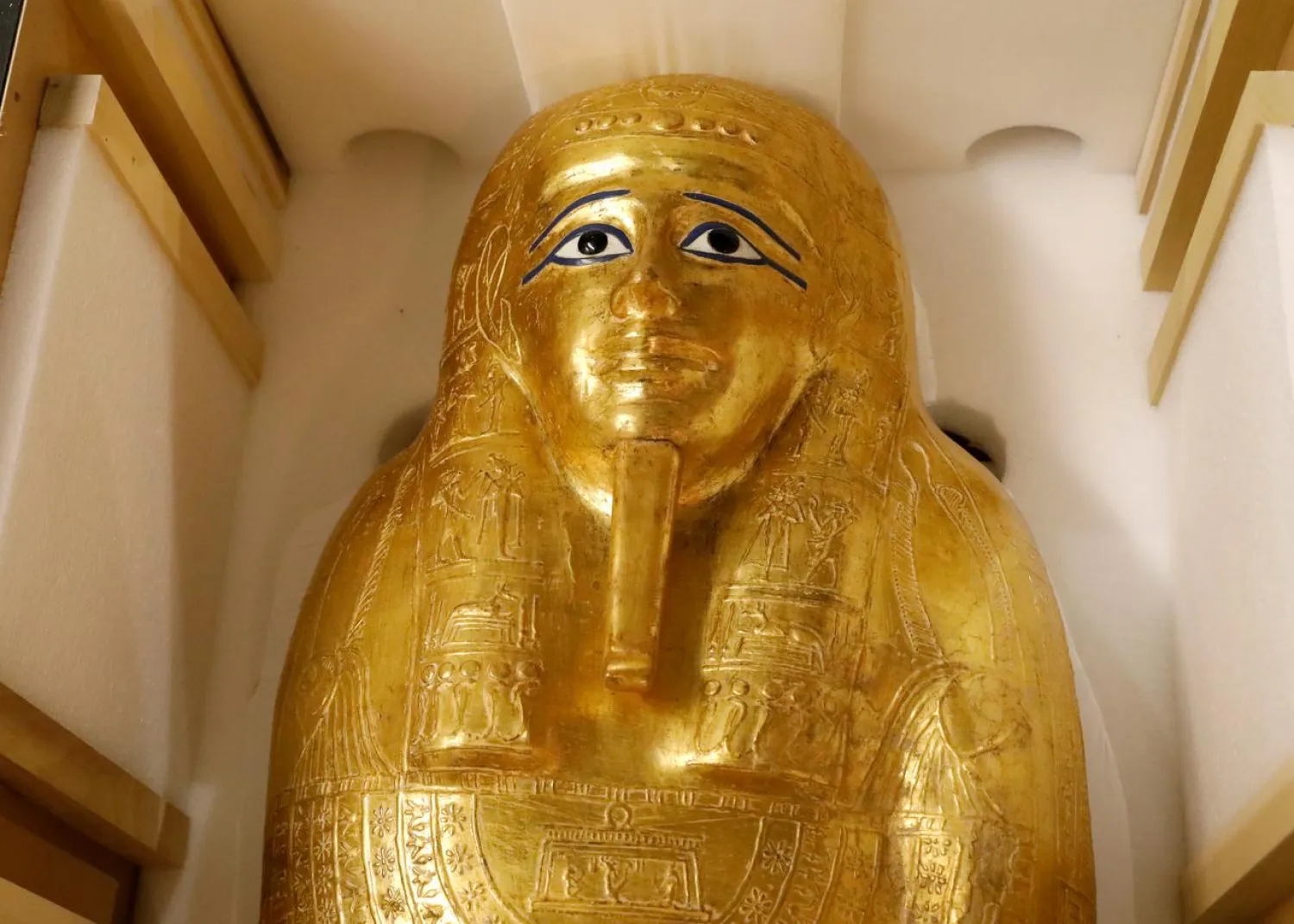 The Gold Coffin of Nedjemankh is displayed during a news conference to announce its return the the people of Egypt in New York City, US, September 25, 2019. (Reuters)