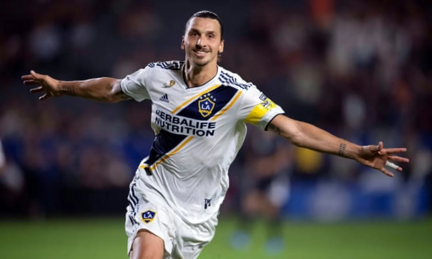 LA Galaxy’s Zlatan Ibrahimovic celebrates his 26th goal of the season against Sporting Kansas City at StubHub Center last week. Photograph: USA Today Sports
