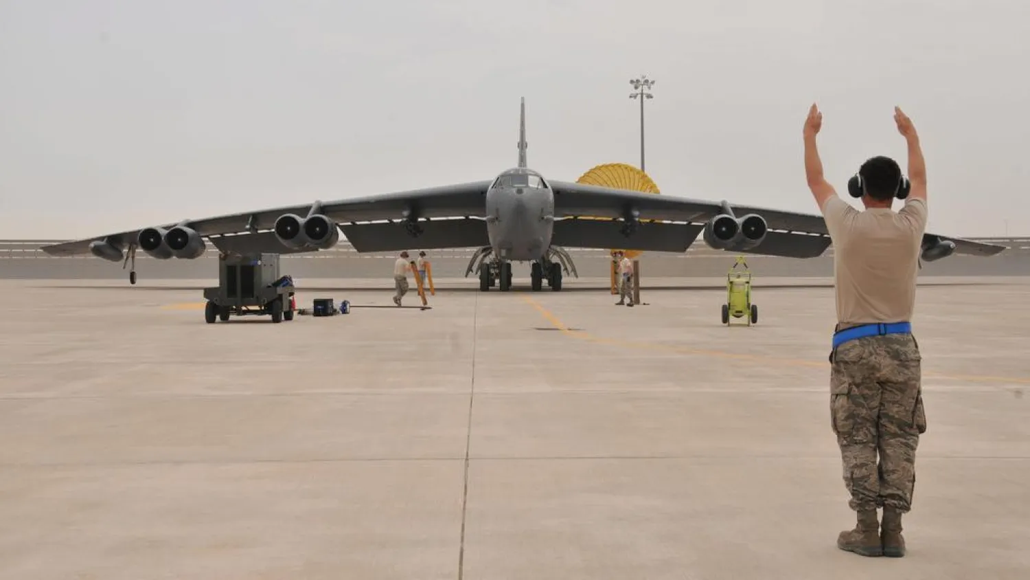 A US Air Force B-52 bomber arrives at al-Udeid Air Base, Qatar. (Reuters)
