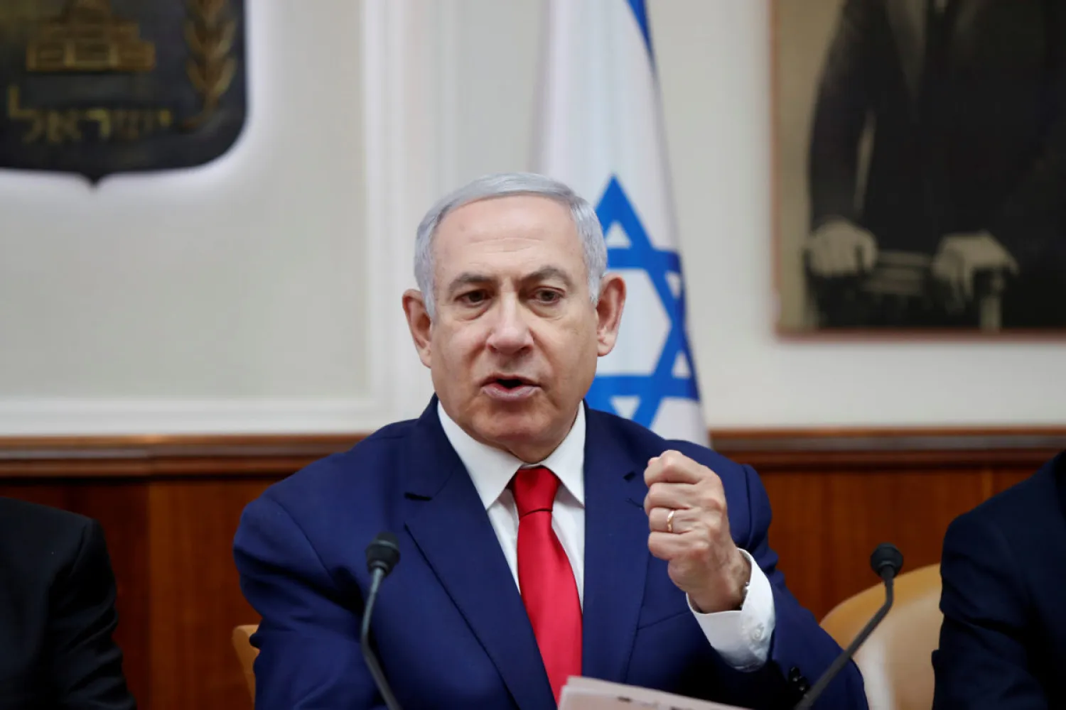 Israeli Prime Minister Benjamin Netanyahu gestures during a weekly cabinet meeting in Jerusalem, April 14, 2019. (Reuters)