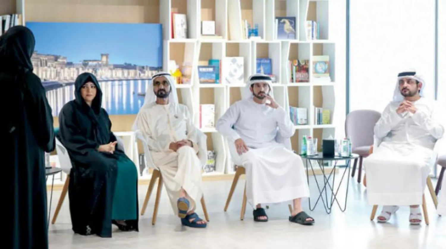 Sheikh Mohammed bin Rashid, Sheikh Hamdan bin Mohammed bin Rashid, Sheikh Maktoum bin Mohammed bin Rashid and Sheikha Latifa bint Mohammed bin Rashid listening to an explanation about the new cultural vision (WAM)