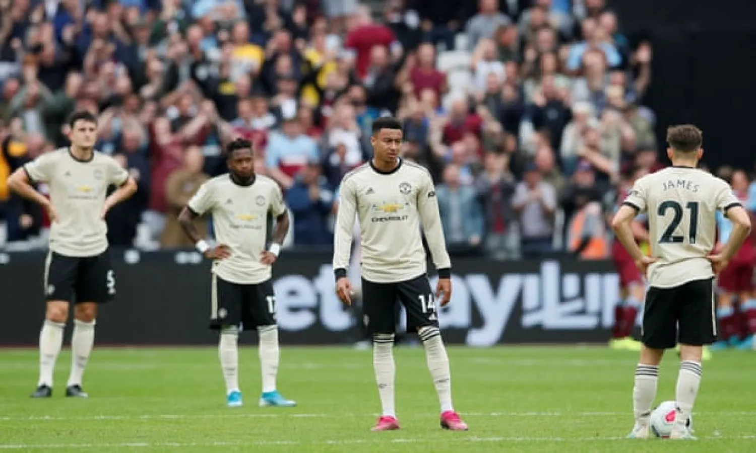  The looks on the faces of the Manchester United players tell their own story after going 2-0 behind at West Ham. Photograph: David Klein/Reuters
