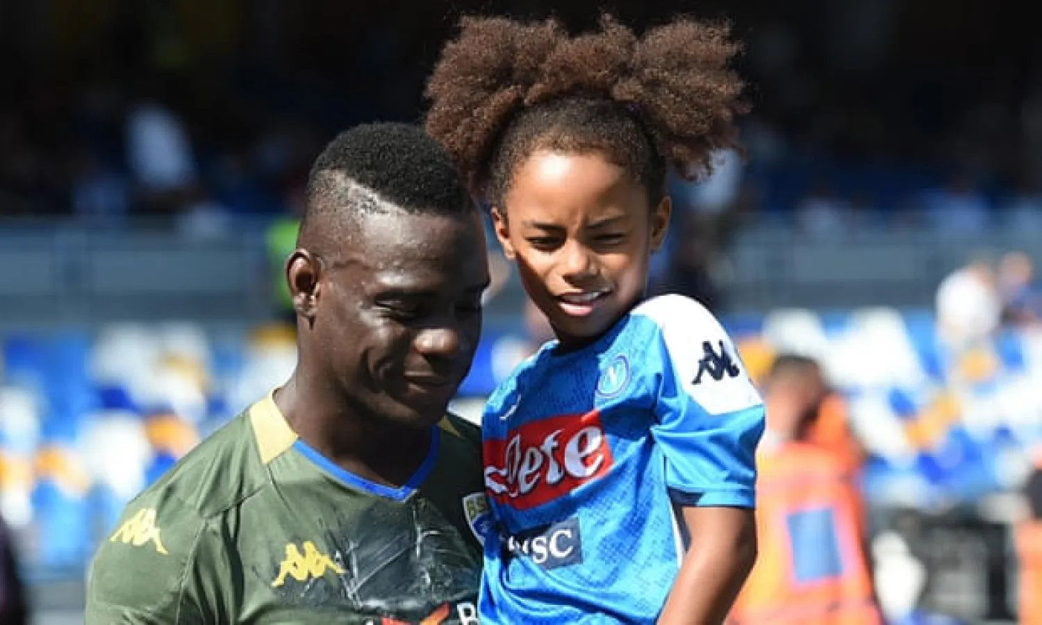  Brescia’s Mario Balotelli with his daughter Pia, wearing a Napoli kit, before the Serie A match at the Stadio San Paolo. Photograph: Cesare Abbate/EPA
