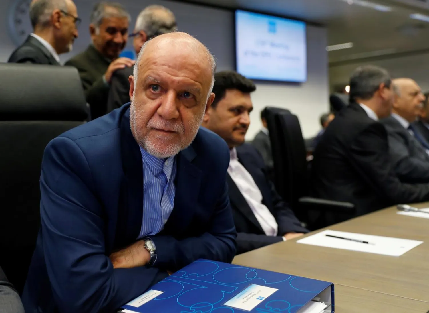 FILE PHOTO: Iran's Oil Minister Bijan Zanganeh listens to journalists at the beginning of an OPEC meeting in Vienna, Austria, July 1, 2019. REUTERS/Leonhard Foeger
