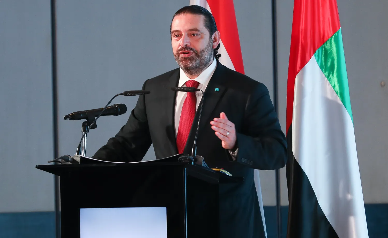 Lebanese Prime Minister Saad Hariri addresses the UAE-Lebanon Investment Forum in Abu Dhabi. Dalati and Nohra photo