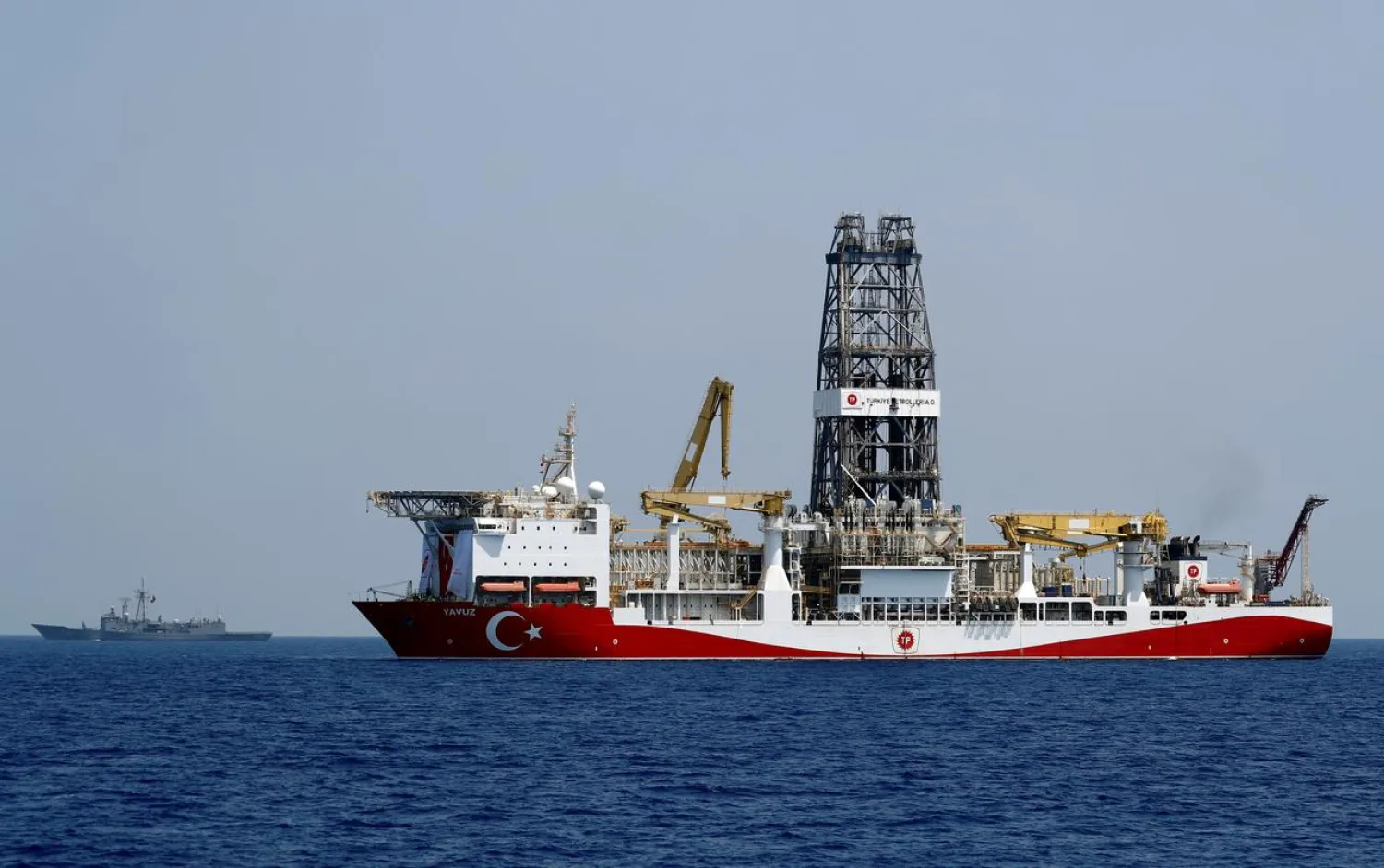 Turkish drilling vessel Yavuz is escorted by Turkish Navy frigate TCG Gemlik (F-492) in the eastern Mediterranean Sea off Cyprus, August 6, 2019. (Reuters)