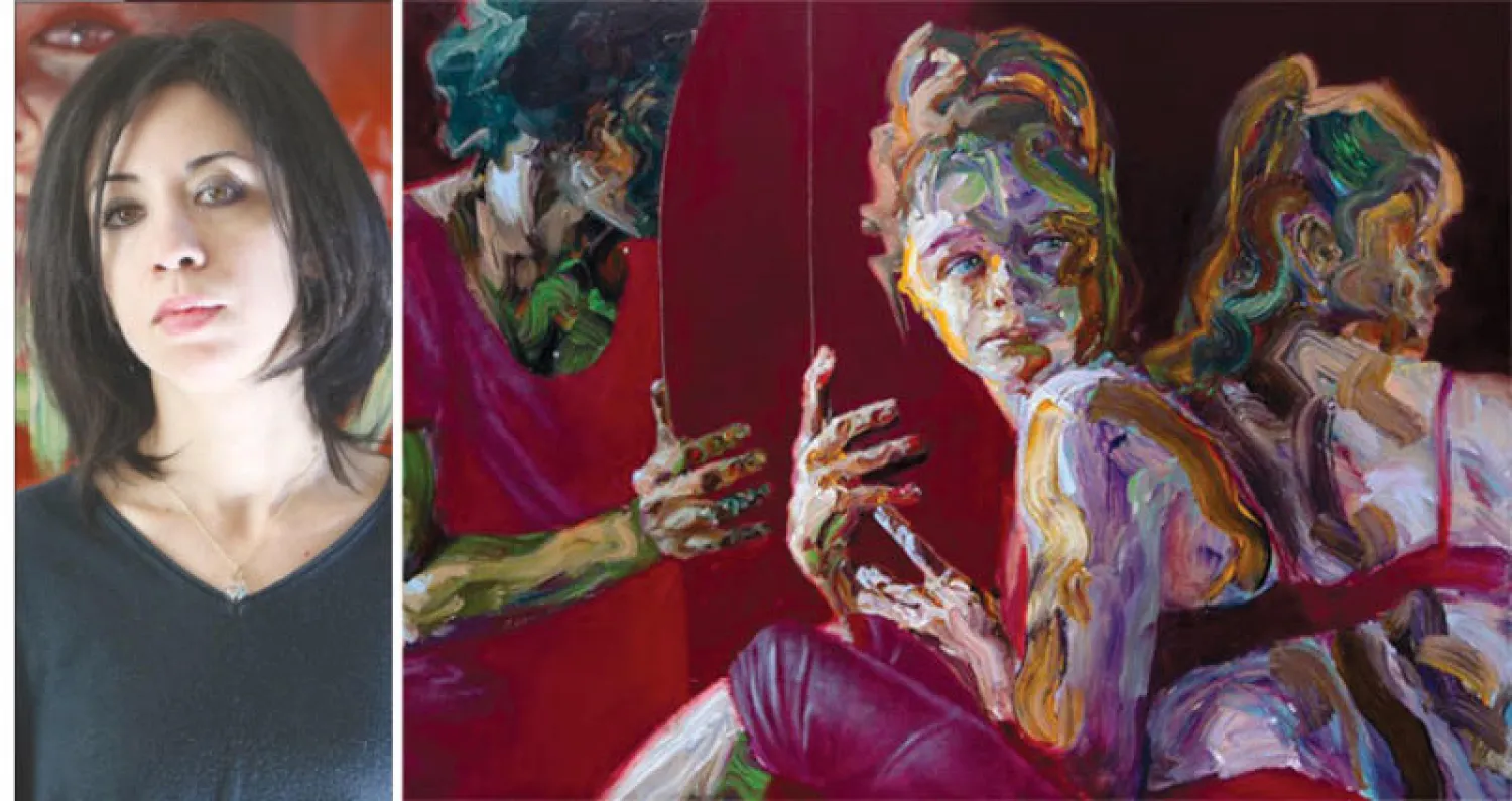 «التخفي أمام الأنظار»... زيت وأكليريك على القماش لسارة شمة من معرض العبودية الحديثة (الشرق الأوسط)  -  الفنانة التشكيلية سارة شمة