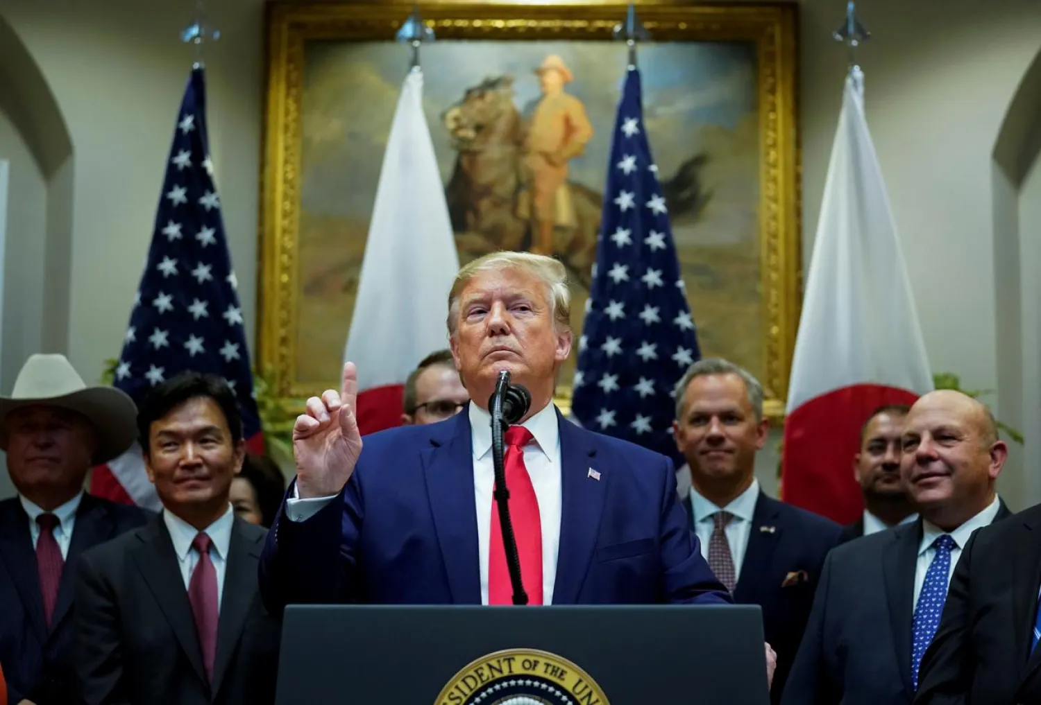 US President Donald Trump speaks about Turkey and Syria during a formal signing ceremony for the US-Japan Trade Agreement at the White House in Washington, October 7, 2019. REUTERS/Kevin Lamarque/File 