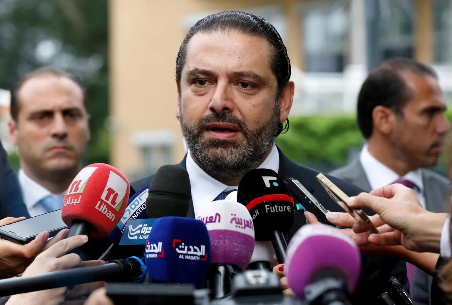 FILE PHOTO: Lebanese Prime Minister Saad Hariri speaks to the media in front of the Special Tribunal for Lebanon ahead of the closings arguments in the trial of Lebanon's Rafik al-Hariri alleged killers in the Hague, the Netherlands September 11, 2018. Bas Czerwinski/Pool via REUTERS/File Photo