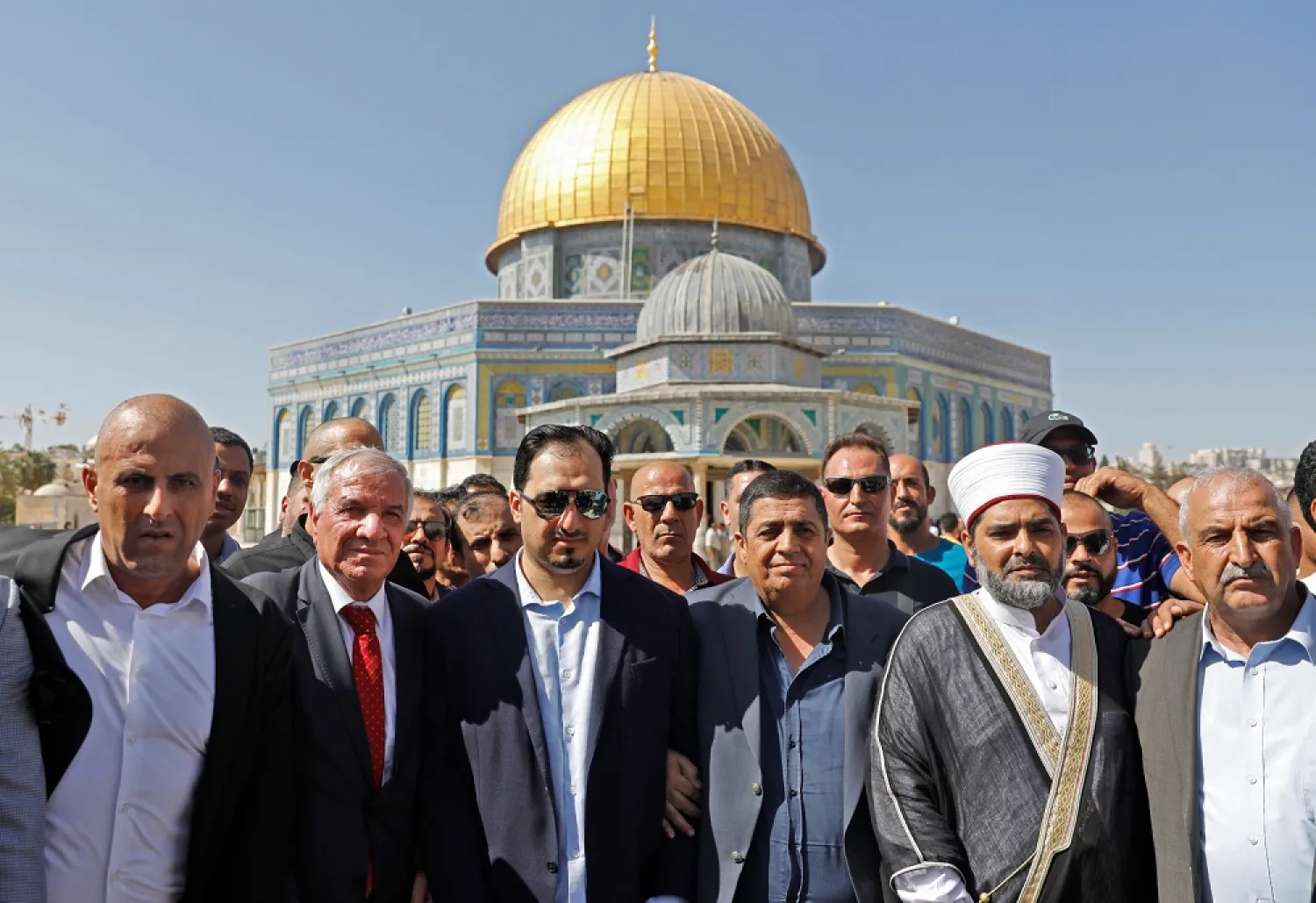Saudi Football Federation chief Yasser Almisehal, center, and members of the Saudi football delegation visit the Al-Aqsa mosque compound in the Old City of Jerusalem on October 14, 2019. (AFP)