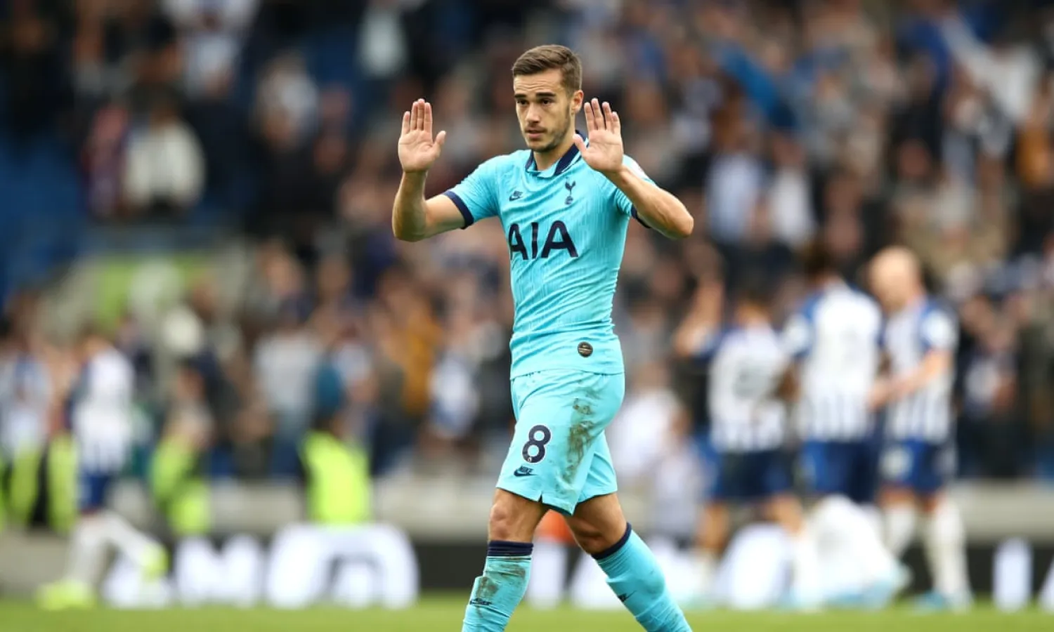 Harry Winks and the Tottenham players apologised to the travelling fans after the defeat at Brighton. Photograph: Bryn Lennon/Getty Images
