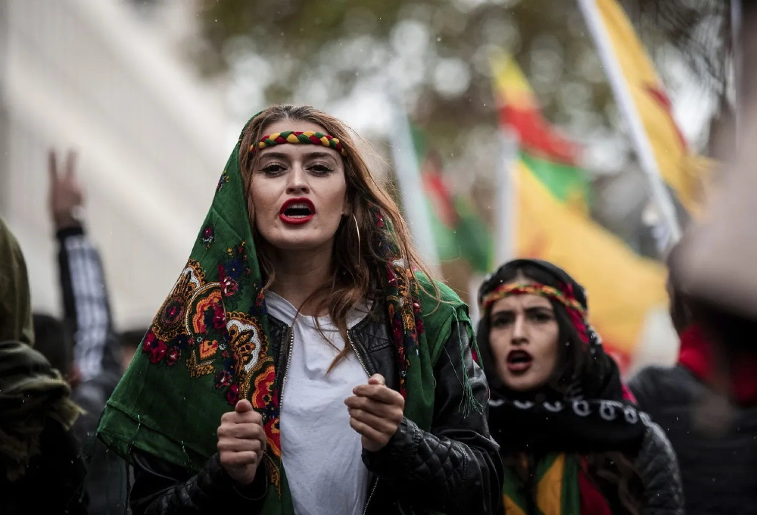 Participants of a Kurdish demonstration against the Turkish military offensive in Northern Syria demonstrate in Cologne, Germant, Saturday, Oct.19, 2019. (AP)