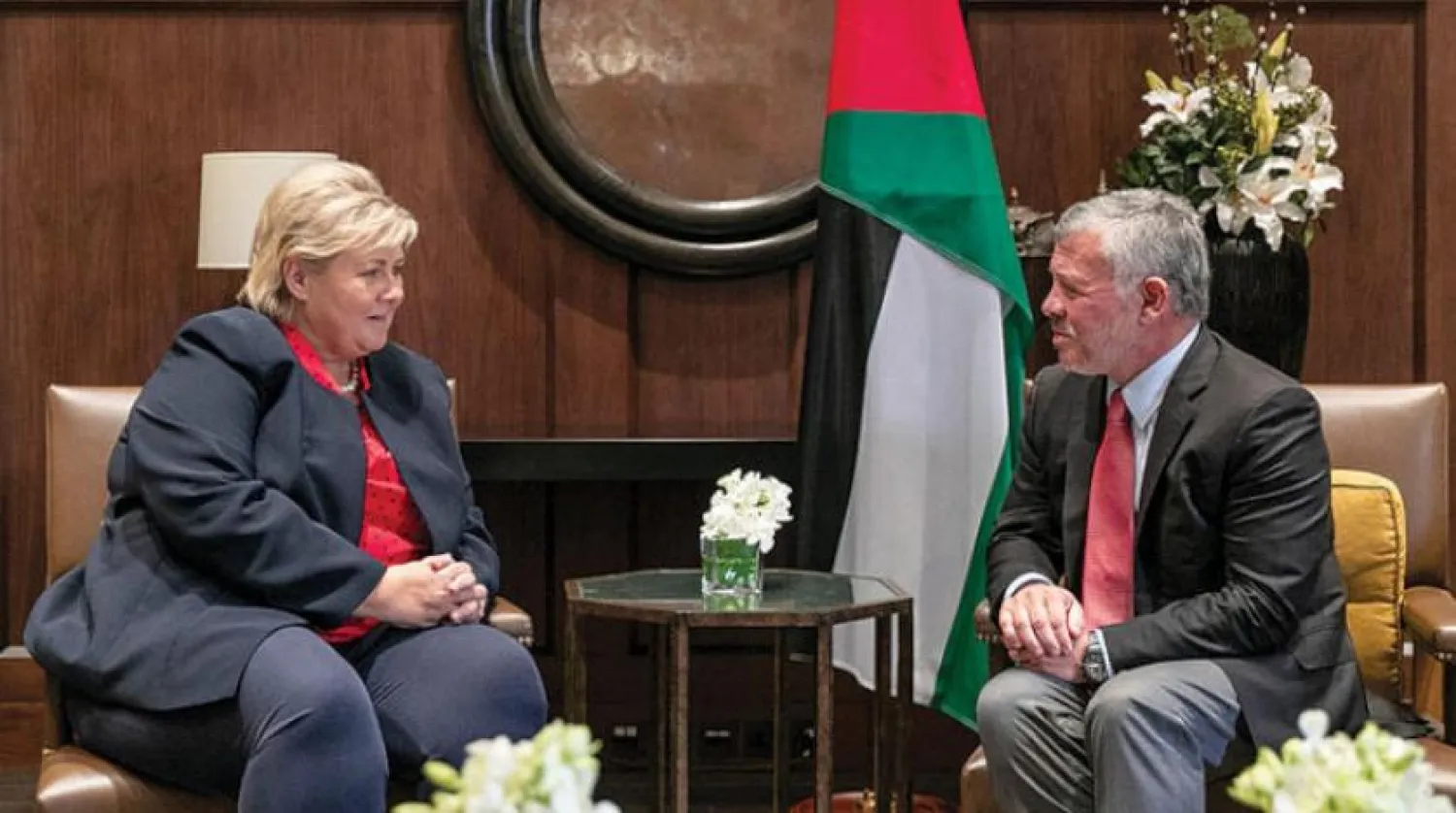 King Abdullah meets with Prime Minister of Norway Erna Solberg at Al Husseiniya Palace on Sunday (Photo courtesy of Royal Court)

