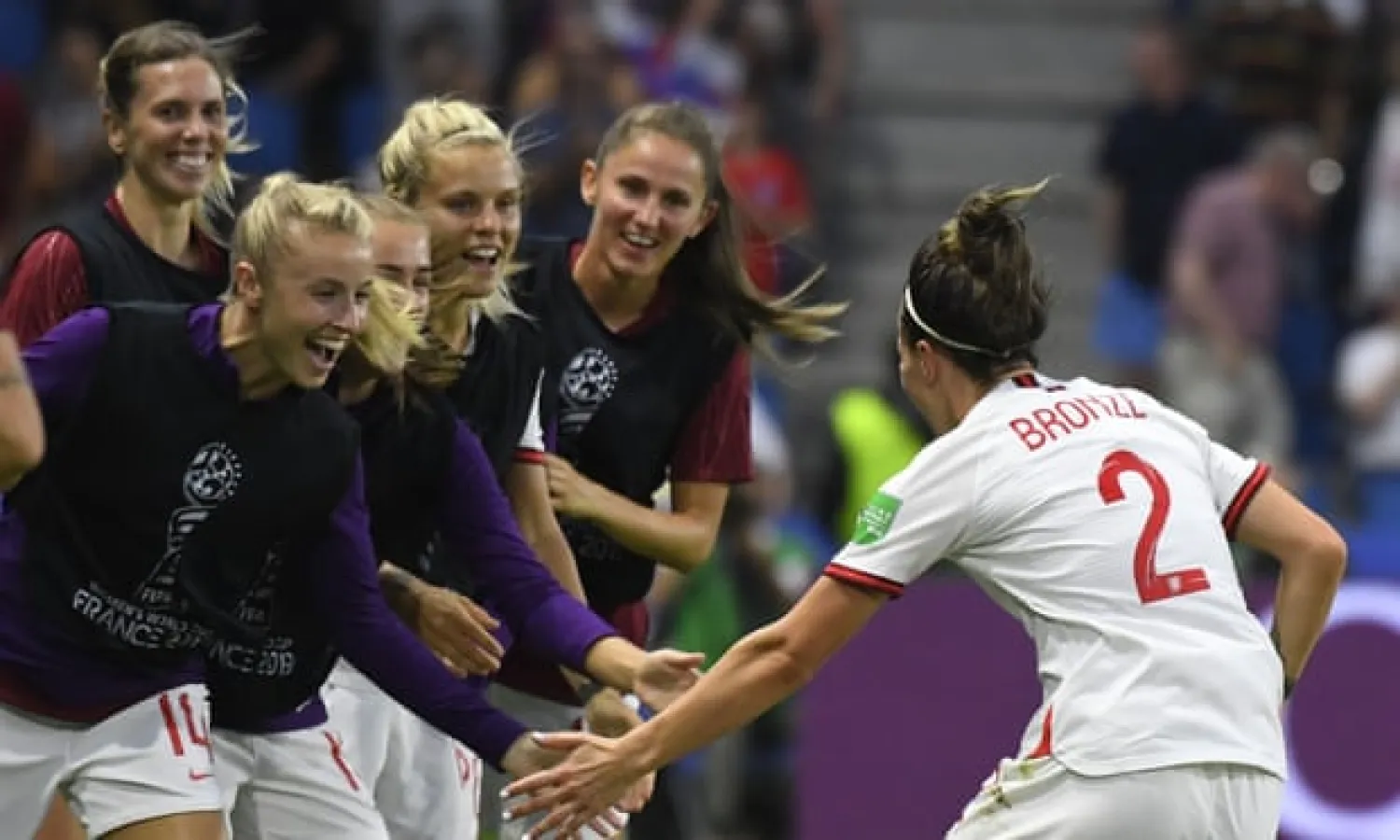  England, here celebrating Lucy Bronze’s goal against Norway at the World Cup, played in front of a record home crowd outside Wembley this month. Photograph: Damien Meyer/AFP/Getty Images
