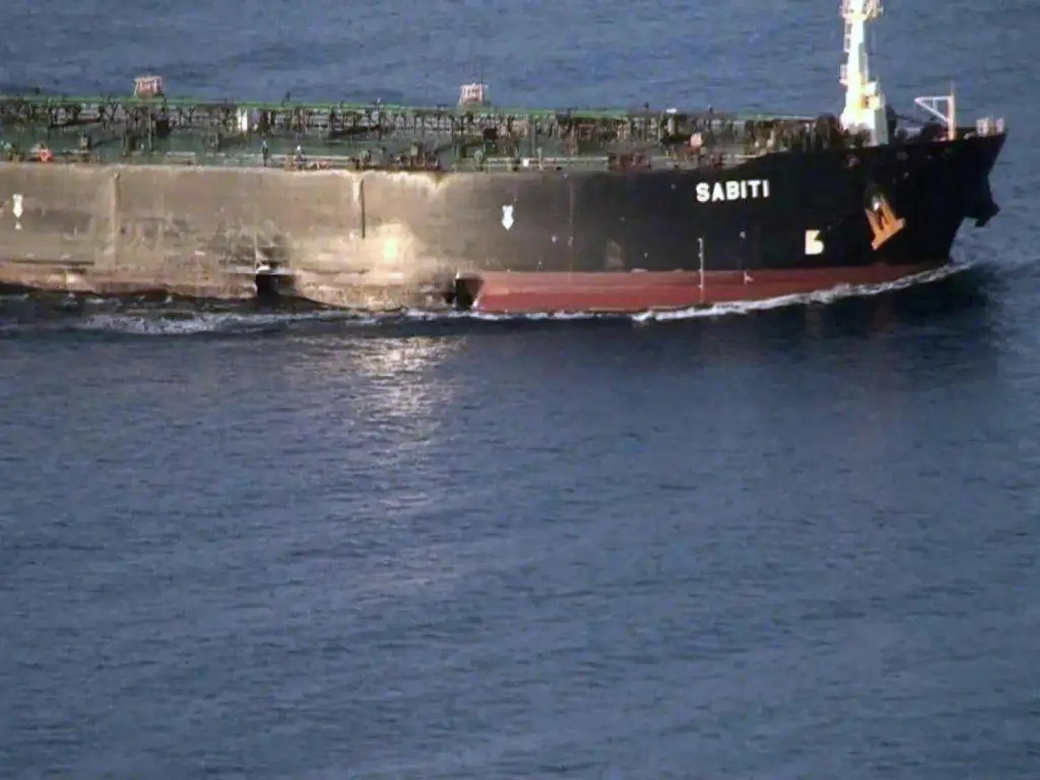 damage is seen on Iranian-owned Sabiti oil tanker sailing in the Red Sea, October 13, 2019. National Iranian Oil Tanker Company via WANA (West Asia News Agency). (Reuters)