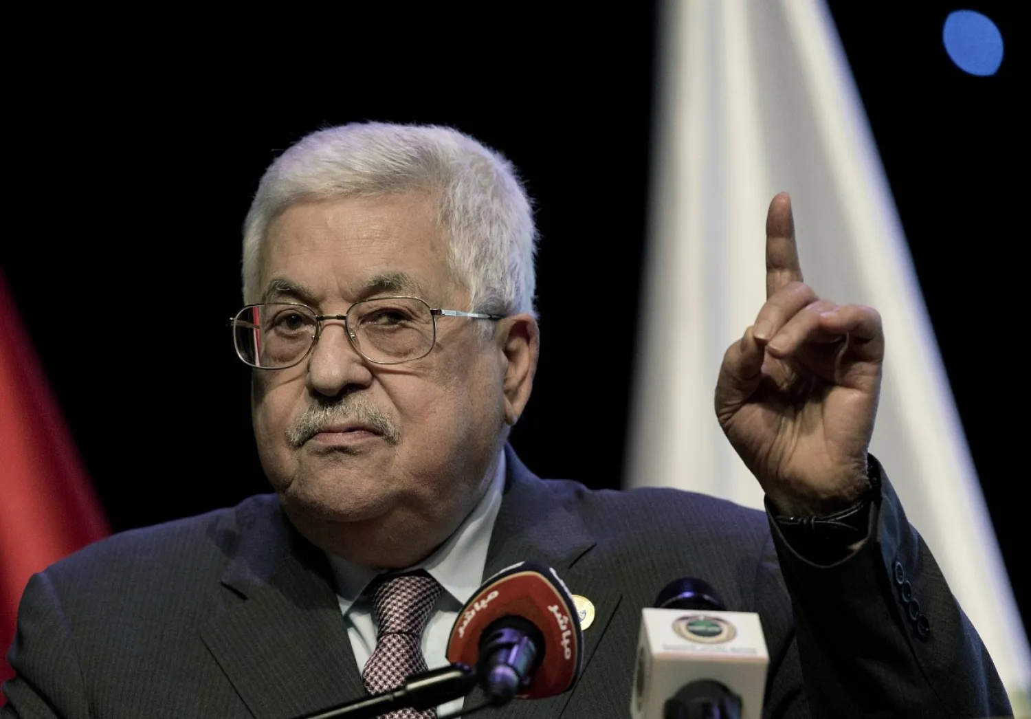 Palestinian Authority President Mahmoud Abbas addresses the Fourth National Forum for the Fourth Industrial Revolution during the forum’s opening session in the West Bank city of Ramallah, September 9 2019. (Nasser Nasser/AP)
