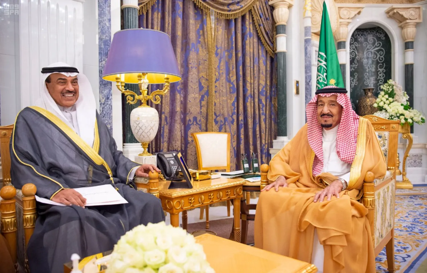 King Salman receives the Foreign Minister of Kuwait in Riyadh. (SPA)