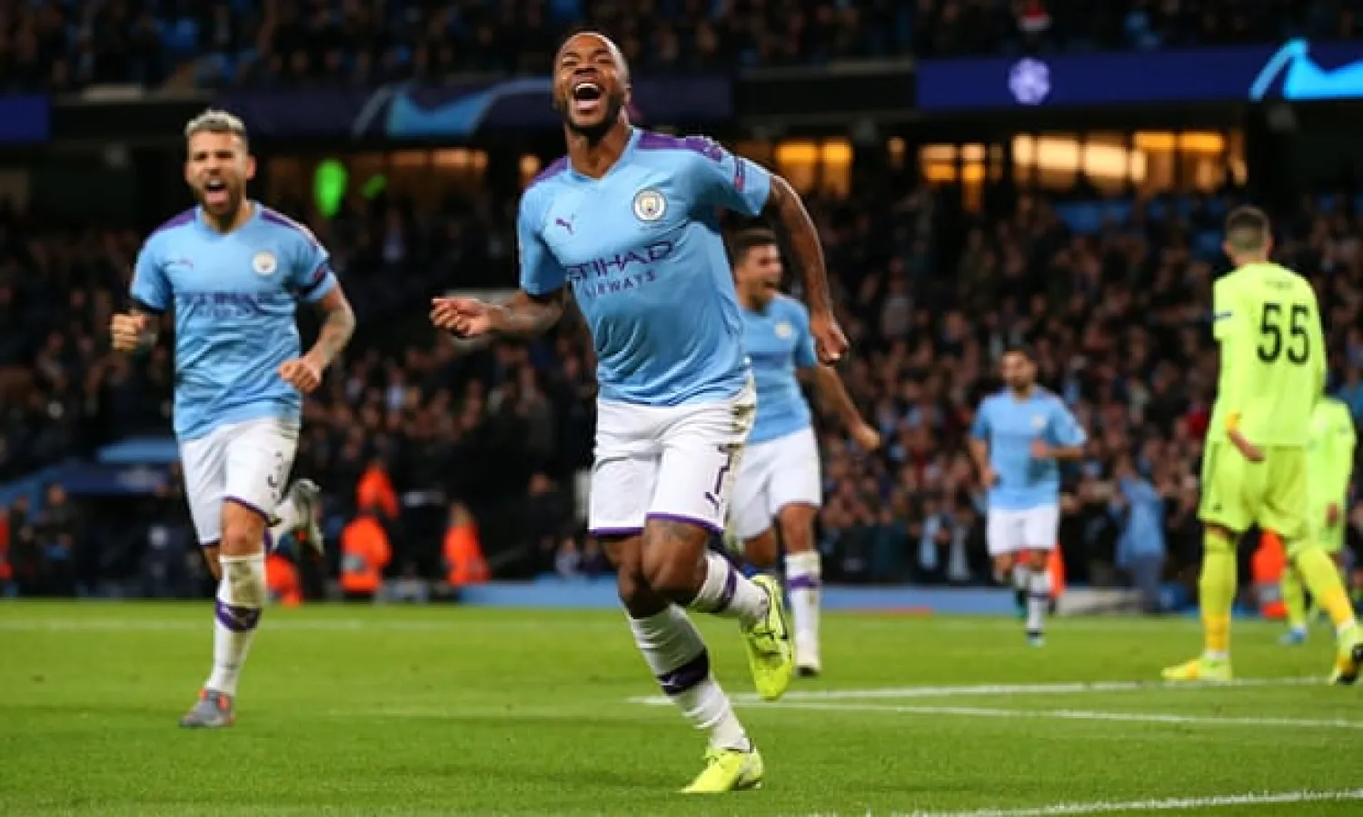  Raheem Sterling celebrates after scoring for Manchester City against Dinamo Zagreb this season. Photograph: Alex Livesey - Danehouse/Getty Images
