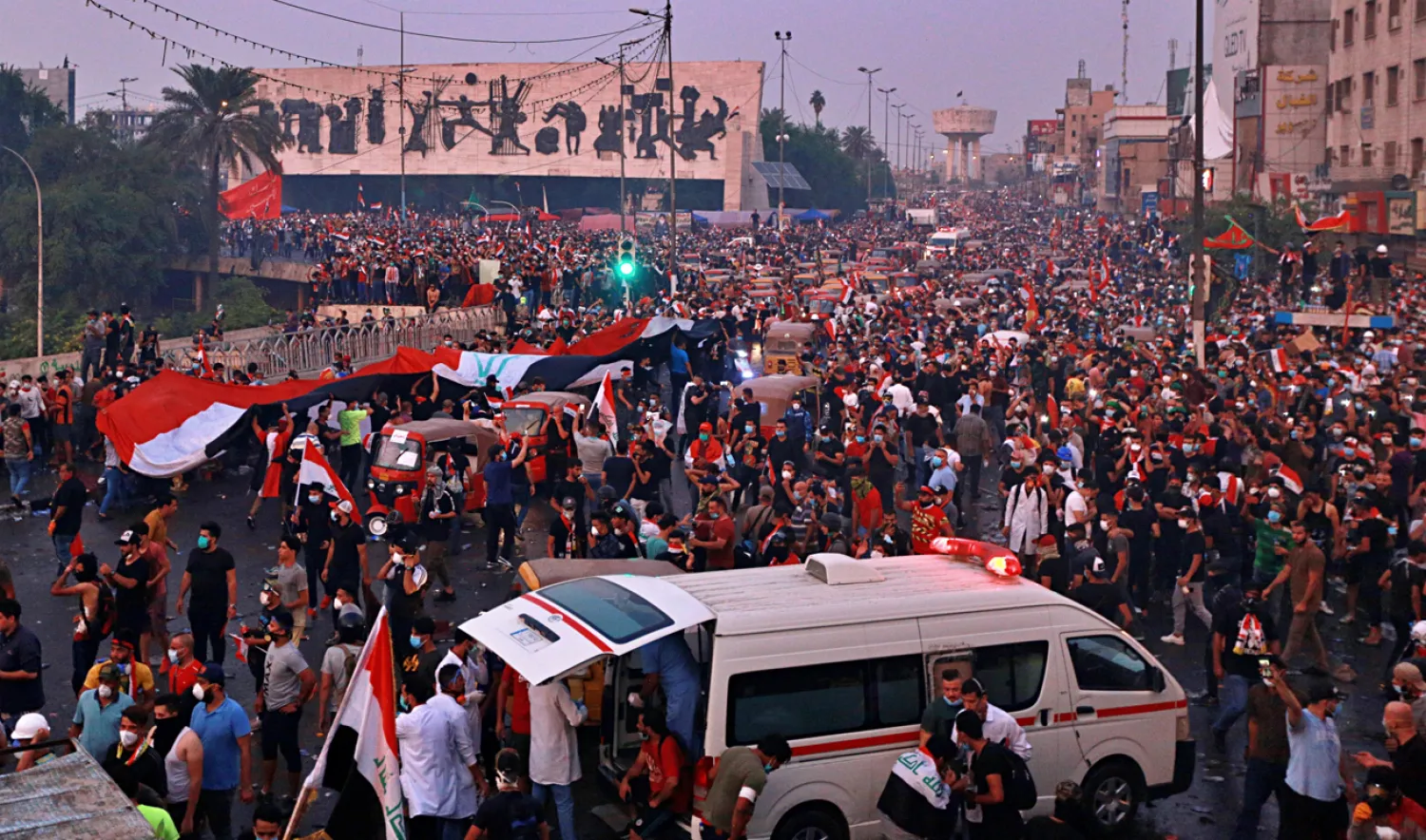 Anti-government protesters gather in Tahrir Square during a demonstration in Baghdad, Iraq, Monday, Oct. 28, 2019. (AP)