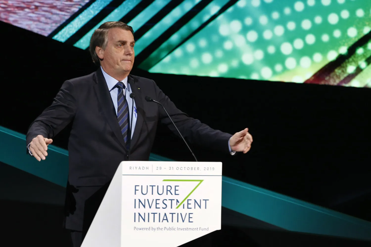 Brazilian President Jair Bolsonaro speaks during the Future Investment Initiative forum in Riyadh, Saudi Arabia, Wednesday, Oct. 30, 2019. (AP Photo/Amr Nabil)