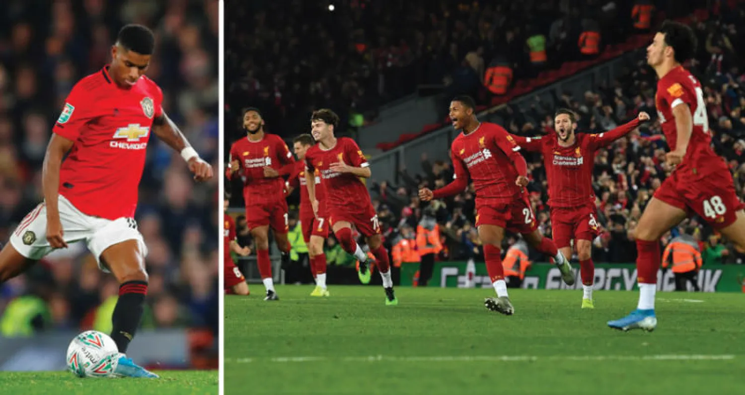 فرحة لاعبي ليفربول بالتأهل لدور الثمانية في كأس الرابطة (أ.ف.ب)  -  تسديدة راشفورد في طريقها لإعلان فوز يونايتد (رويترز)