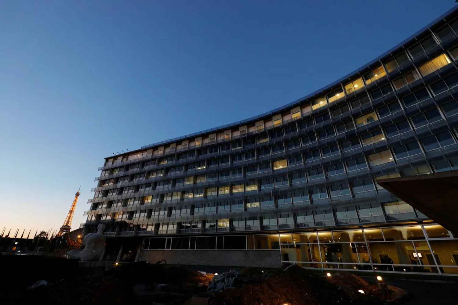 A general view of the United Nations Educational, Scientific and Cultural Organization (UNESCO) headquarters is seen at dusk in Paris, France, October 12, 2017. REUTERS/Philippe Wojazer