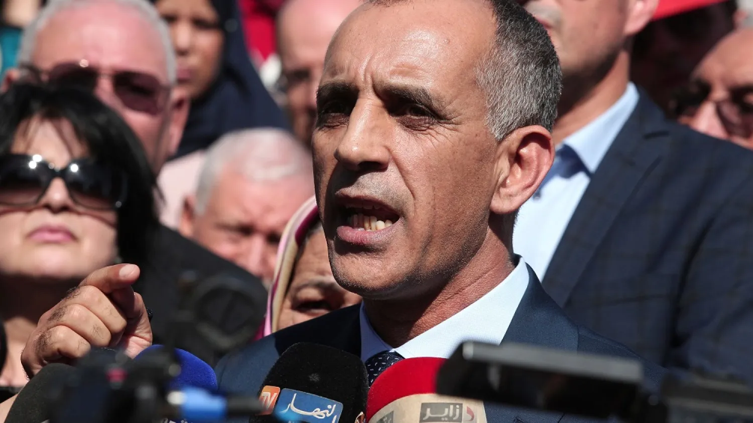 Issad Mabrouk, head of the Algerian Magistrates' Union (SNM), delivers a speech during a protest in Algiers, Monday, Nov.4, 2019. (AP)