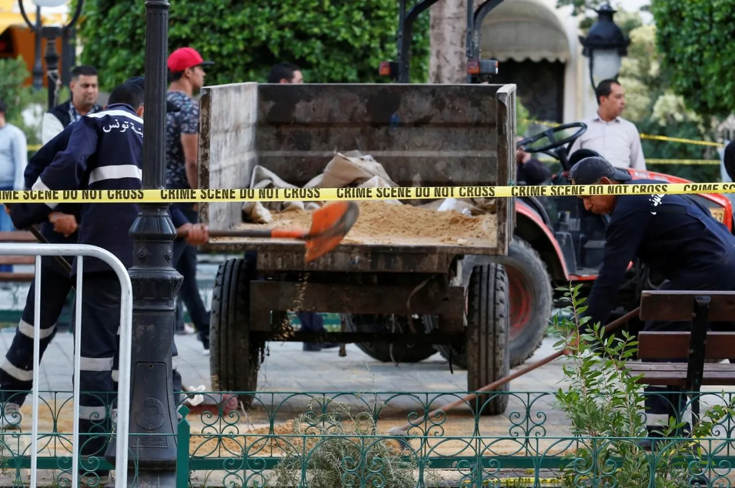  Workers clean the site of an explosion in the center of the Tunisian capital Tunis, Tunisia October 29 2018. REUTERS/Zoubeir Souissi
