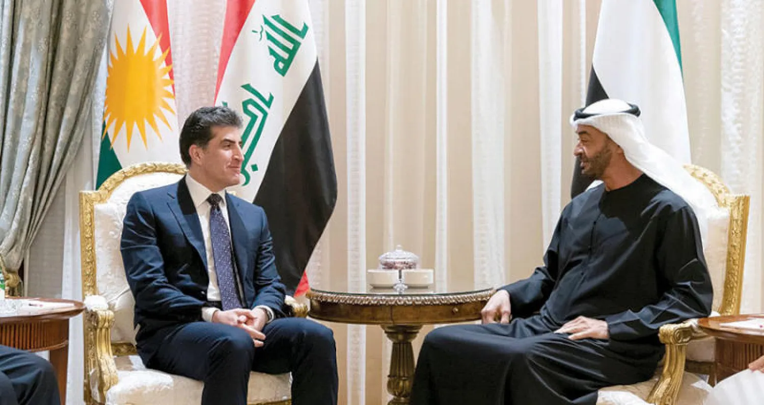 ولي عهد أبوظبي ملتقياً رئيس إقليم كردستان العراق في العاصمة الإماراتية أمس (وام)