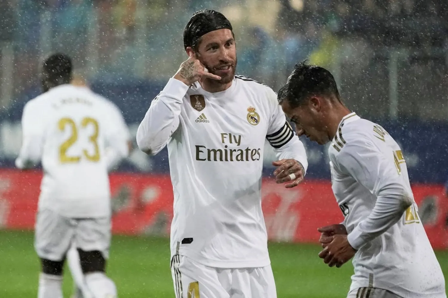 Real Madrid's Sergio Ramos celebrates after scoring a goal against Eibar during a La Liga match on Saturday. (Reuters)