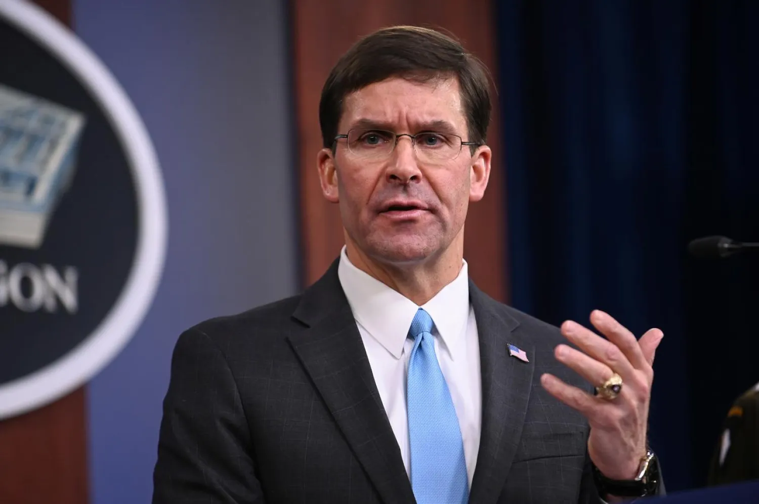 FILE PHOTO: US Defense Secretary Mark Esper addresses reporters during a media briefing at the Pentagon in Arlington, Virginia, US, October 11, 2019. REUTERS/Erin Scott