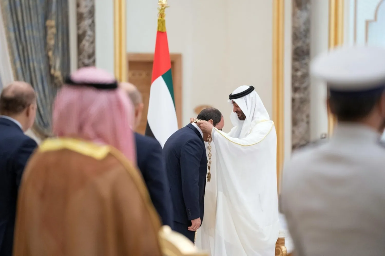Sheikh Mohammed bin Zayed Al Nahyan, Crown Prince of Abu Dhabi and Deputy Supreme Commander of the UAE Armed Forces, confers the Order of Zayed medal to Egyptian President Abdel Fattah al-Sisi. Ministry of Presidential Affairs