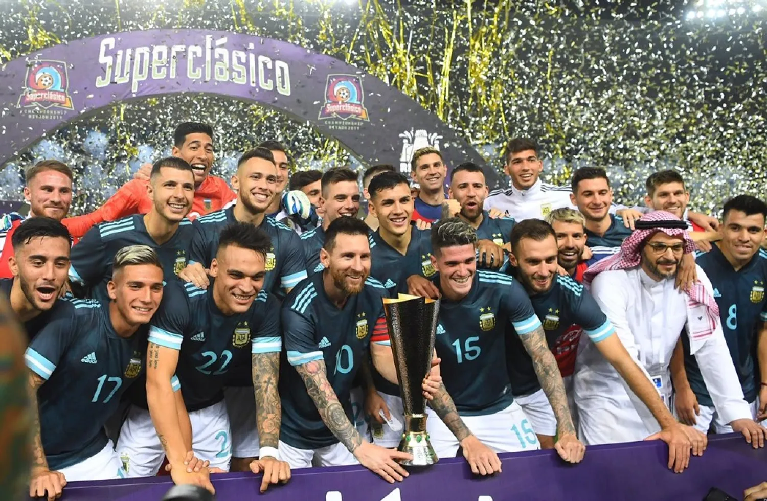 Argentina celebrates victory against Brazil during the Superclasico in Riyadh on Friday. (SPA)