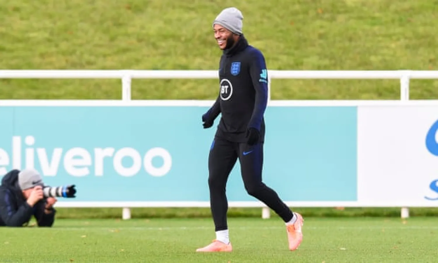  Raheem Sterling in training with England on Tuesday. Photograph: Greig Cowie/BPI/REX/Shutterstock
