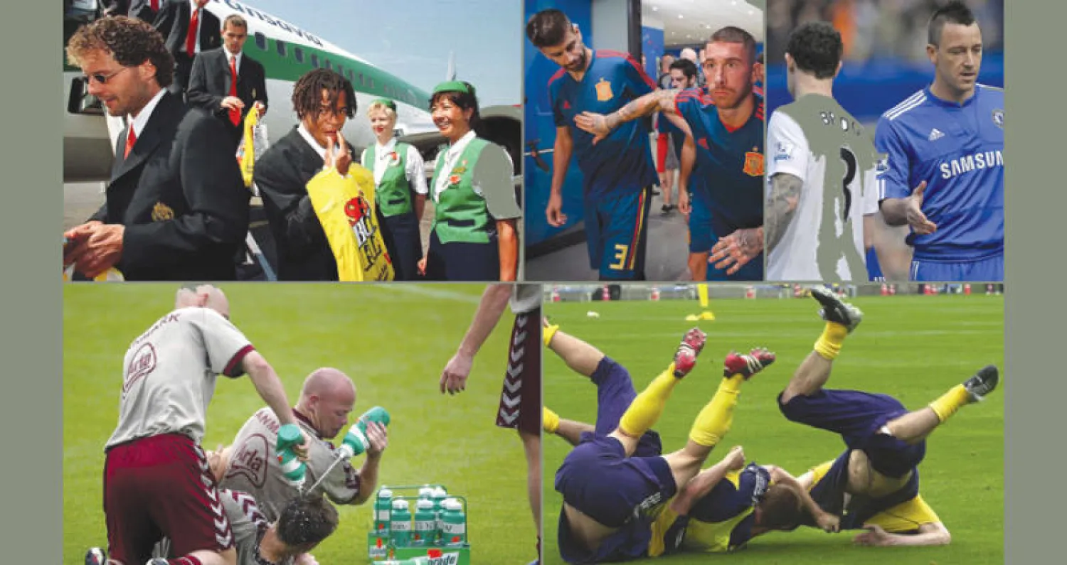 من أعلى اليمين: واين بريدج وجون تيري ثم بيكيه وراموس وداني بليند وإدجار ديفيدز وأسفل: عراك ليونغبرغ وميلبرغ بالمنتخب السويدي ثم احتفالية لاعبي الدنمارك التي تحولت لاشتباك