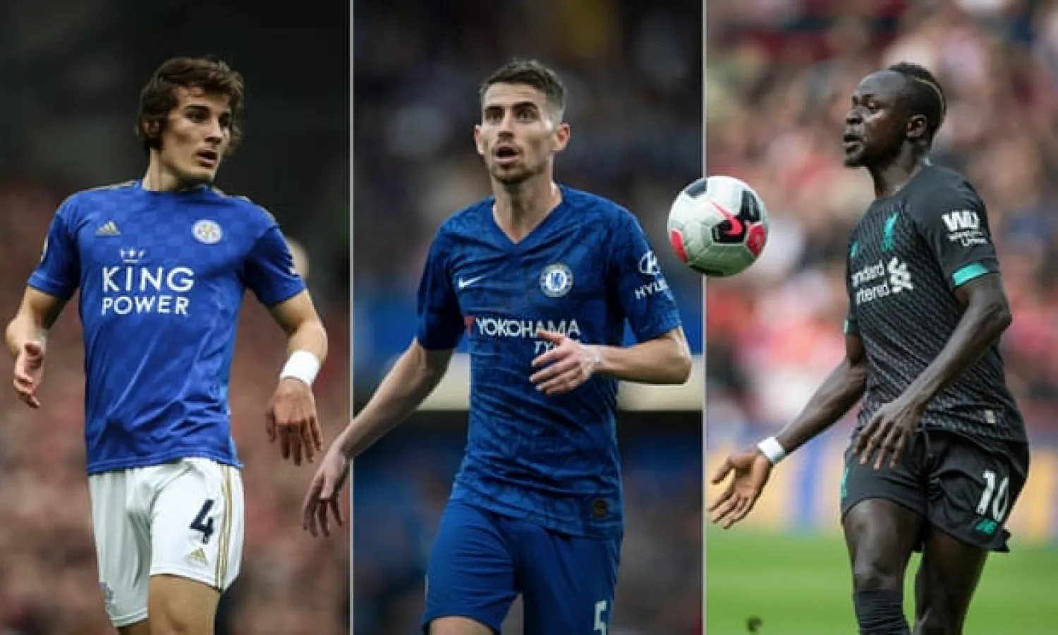  Caglar Soyuncu of Leicester City, Chelsea’s Jorginho and Sadio Mané of Liverpool. Photograph: Getty Images
