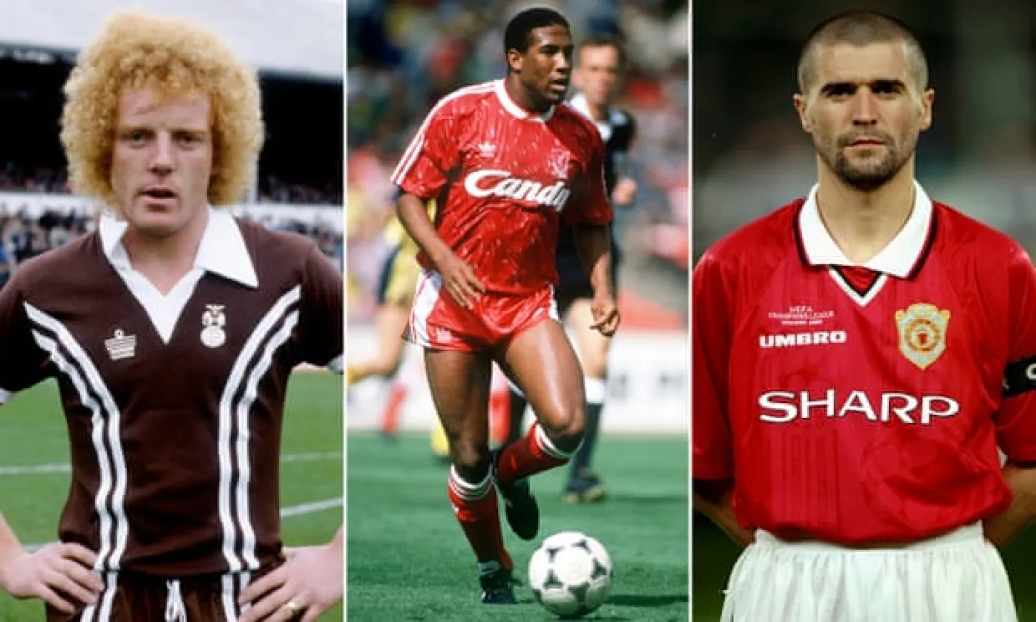  (From left) Coventry’s Ian Wallace, John Barnes at Liverpool and Roy Keane in his Manchester United days. Composite: S&G and Barratts/EMPics Sport/Press Association; Bob Thomas Sports Photography/Getty Images; Alex Livesey/Getty Images
