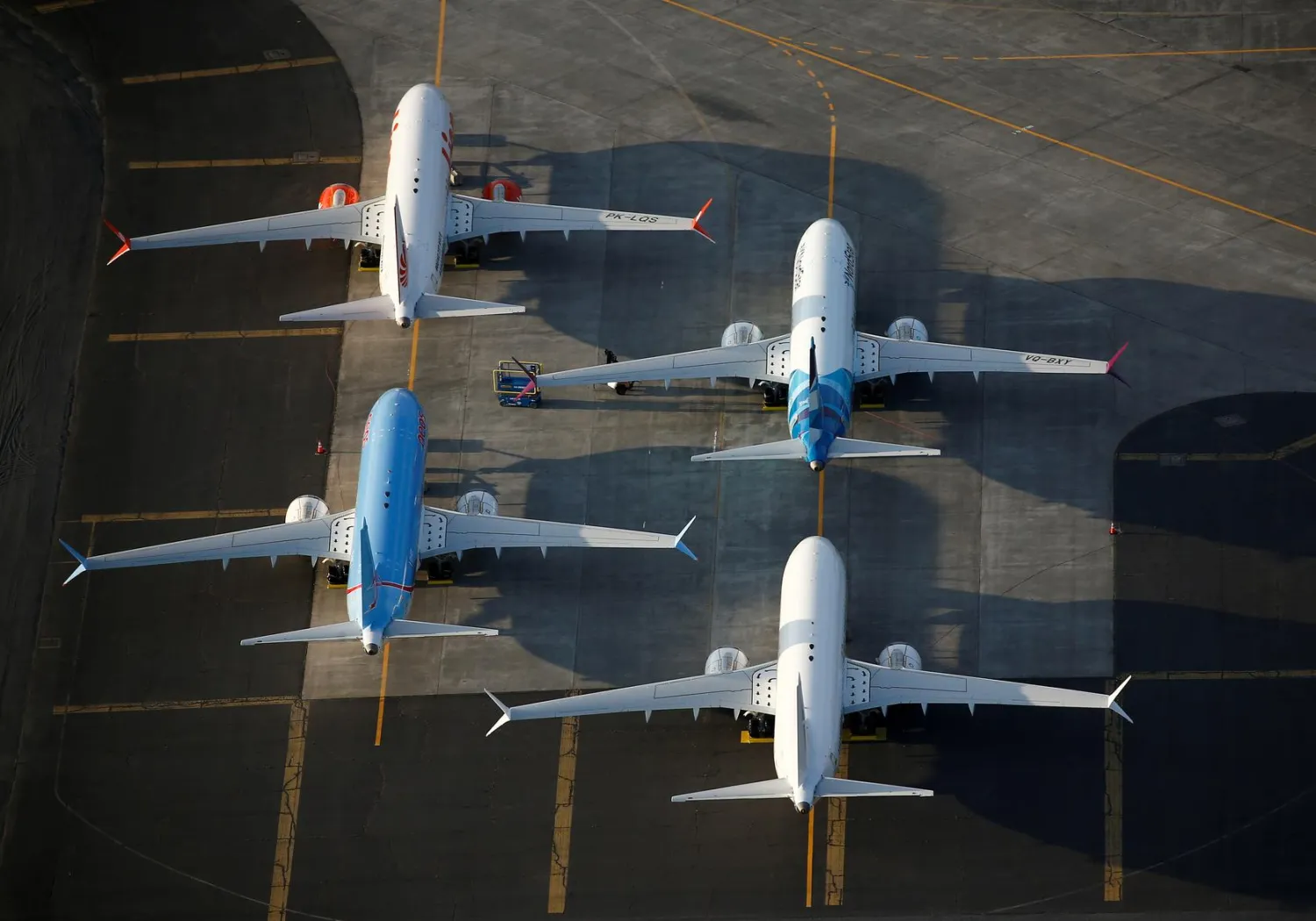 FILE PHOTO: An aerial photo shows Boeing 737 MAX aircraft at Boeing facilities at the Grant County International Airport in Moses Lake, Washington, September 16, 2019. REUTERS/Lindsey Wasson /File Photo
