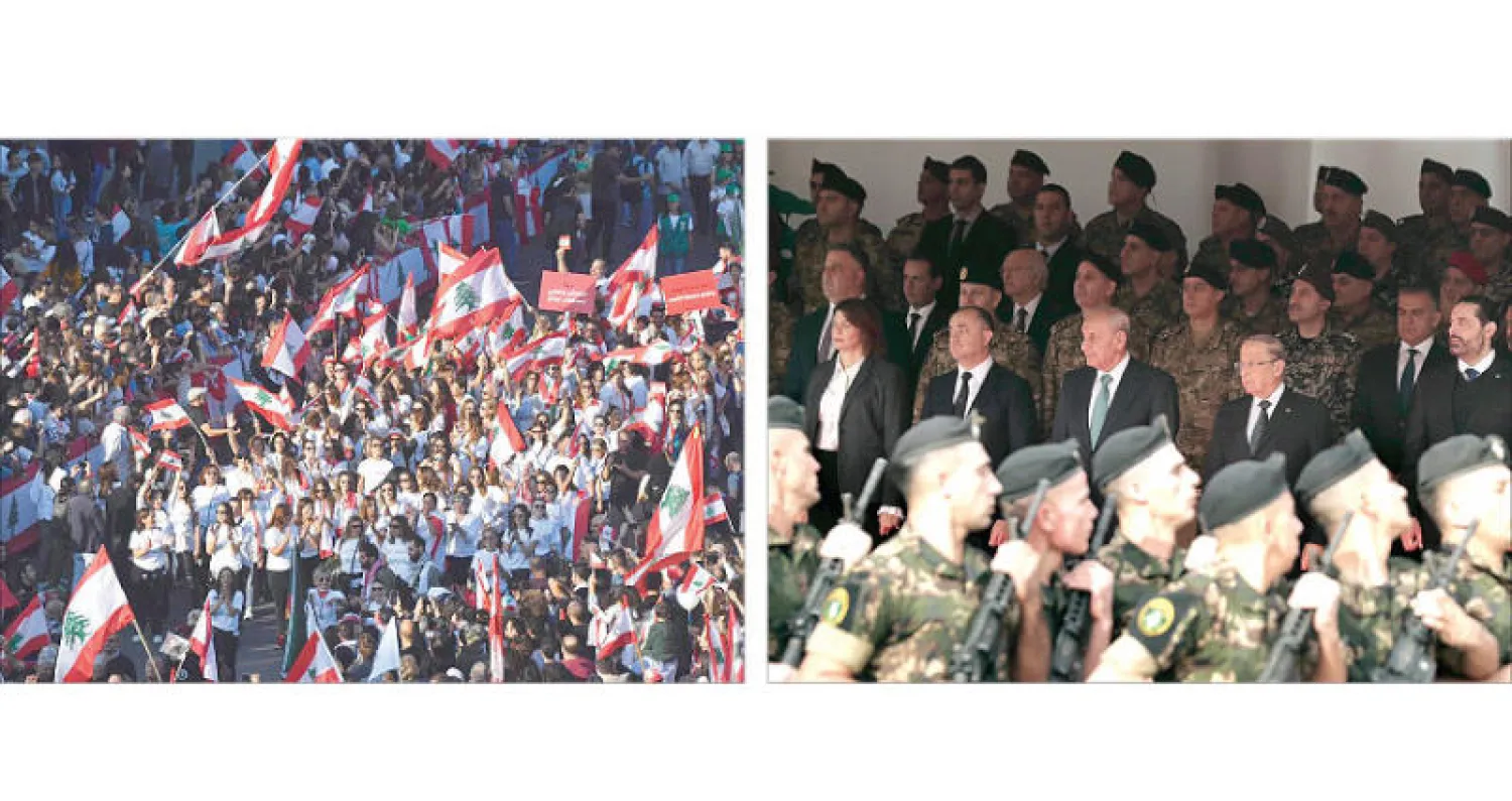 الرؤساء عون وبري والحريري ووزيرا الدفاع والداخلية في العرض العسكري أمس  - من العرض الشعبي في وسط بيروت (تصوير نبيل اسماعيل)