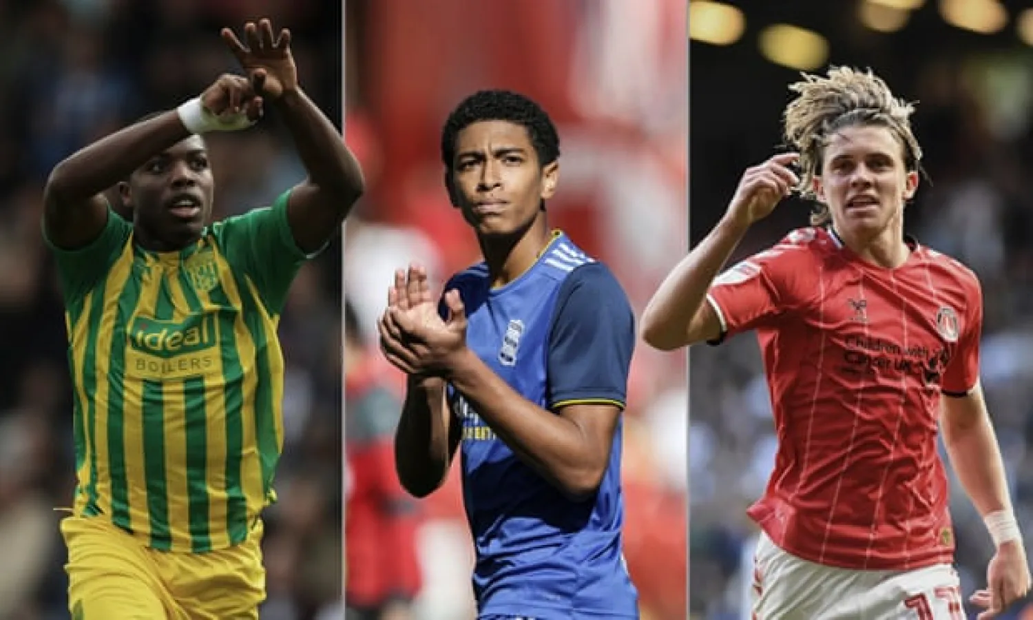  From left: Nathan Ferguson of West Bromwich Albion, Birmingham City’s Jude Bellingham and Conor Gallagher of Charlton. Photograph: Getty Images and Shutterstock
