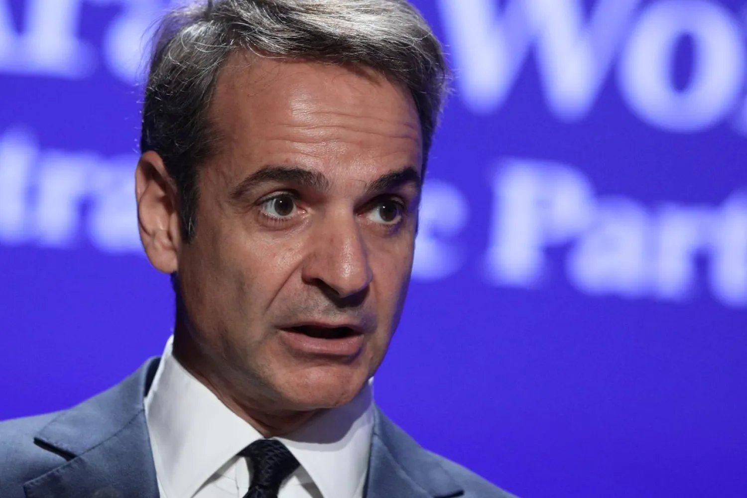 FILE PHOTO: Greek Prime Minister Kyriakos Mitsotakis delivers a speech during the 4th EU-Arab World Summit in Athens, Greece, October 29, 2019. REUTERS/Costas Baltas/
