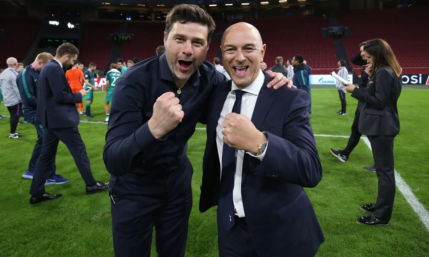Pochettino and Levy enjoy the moment after Spurs’ miraculous comeback in Amsterdam saw them defeat Ajax to reach the Champions League final. (Getty Images)