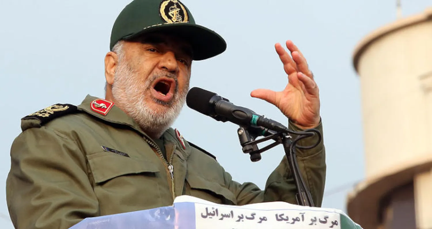 قائد «الحرس الثوري» حسين سلامي يلقي خطاباً في طهران أمس (إ.ب.أ)