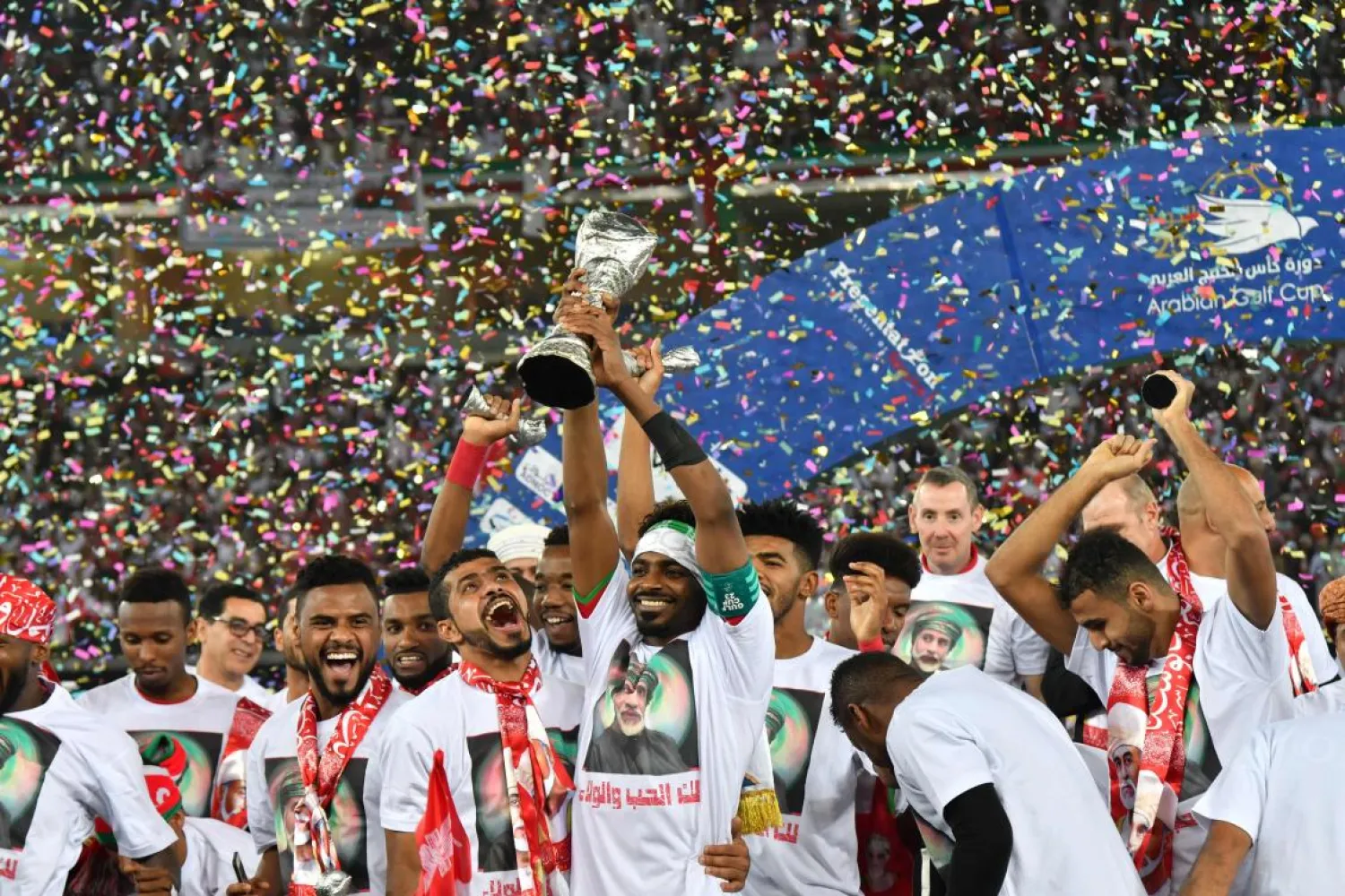 Oman's players celebrate after winning the 23rd Gulf Cup after defeating the UAE in the final at the Sheikh Jaber al-Ahmad Stadium in Kuwait City on January 5, 2018. (AFP)