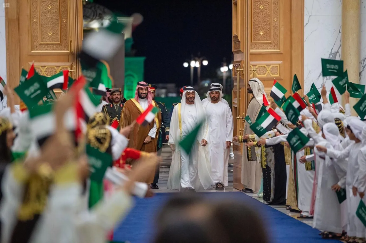 Crown Prince Mohammed bin Salman is given a formal reception in Abu Dhabi. (SPA)