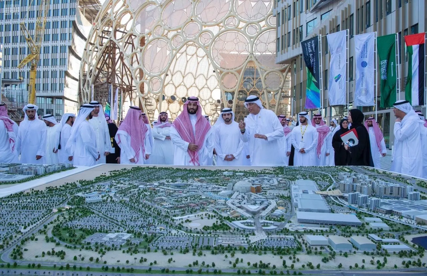 Saudi Crown Prince Mohammed bin Salman visits the headquarters of Expo 2020 Dubai. (SPA)