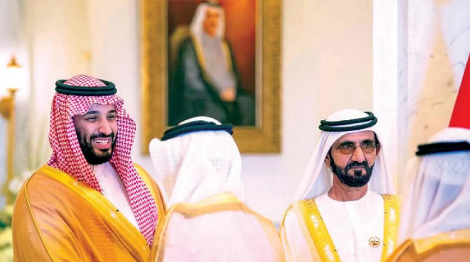 شہزادہ محمد بن سلمان اور شیخ محمد بن راشد کو گذشتہ روز دبئی میں استقبالیہ کی تقریب کے دوران دیکھا جا سکتا ہے (ایس پی اے)
