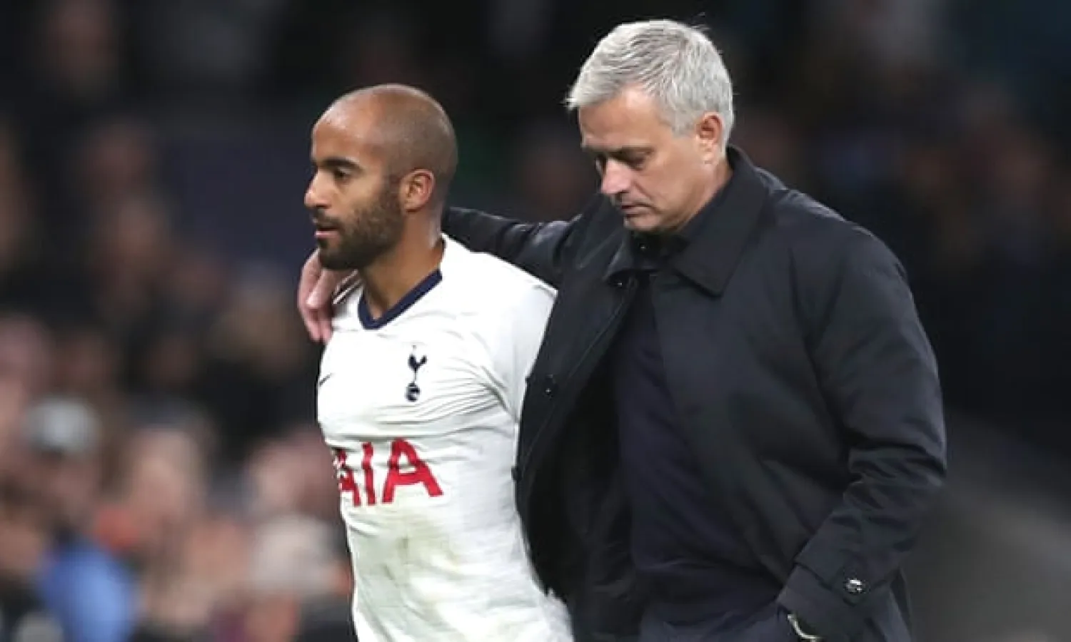 José Mourinho embraces Lucas Moura after he substituted the forward during the win over Olympiakos. Photograph: Tottenham Hotspur FC via Getty Images
