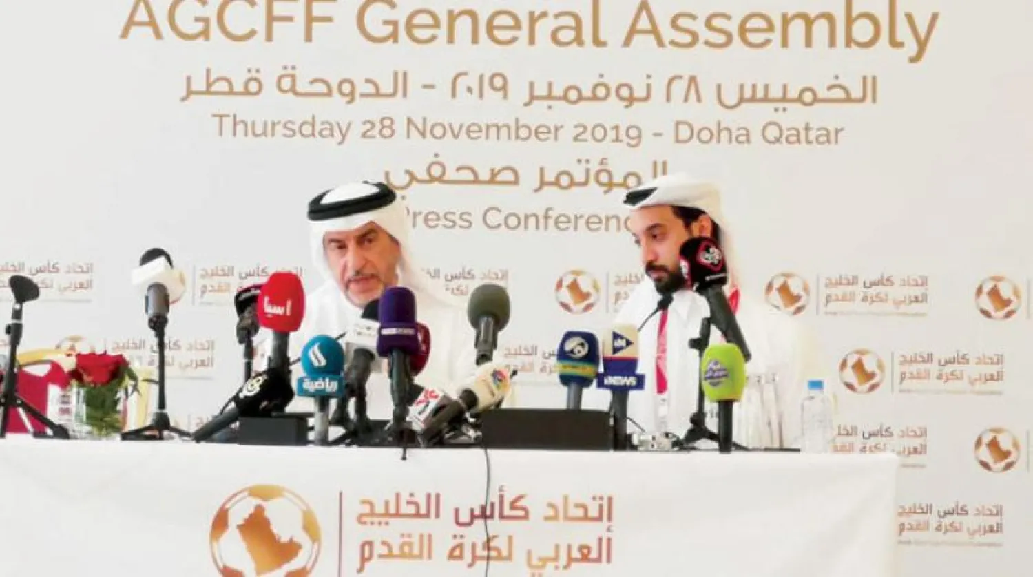 Jasem Al-Rumeihi during a press conference. Asharq Al-Awsat Arabic 